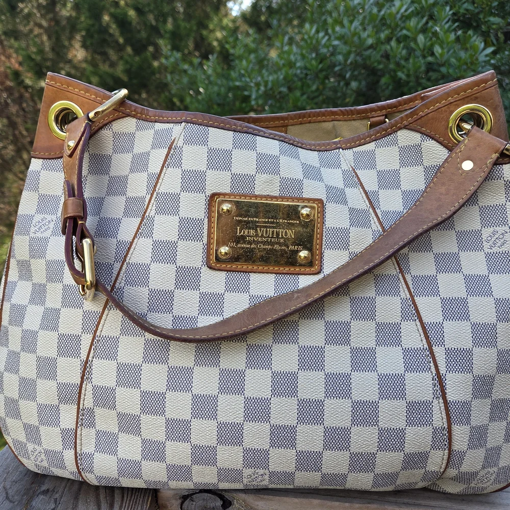 Louis Vuitton Damier Azur Canvas Shoulder Bag with Brown Leather Trim